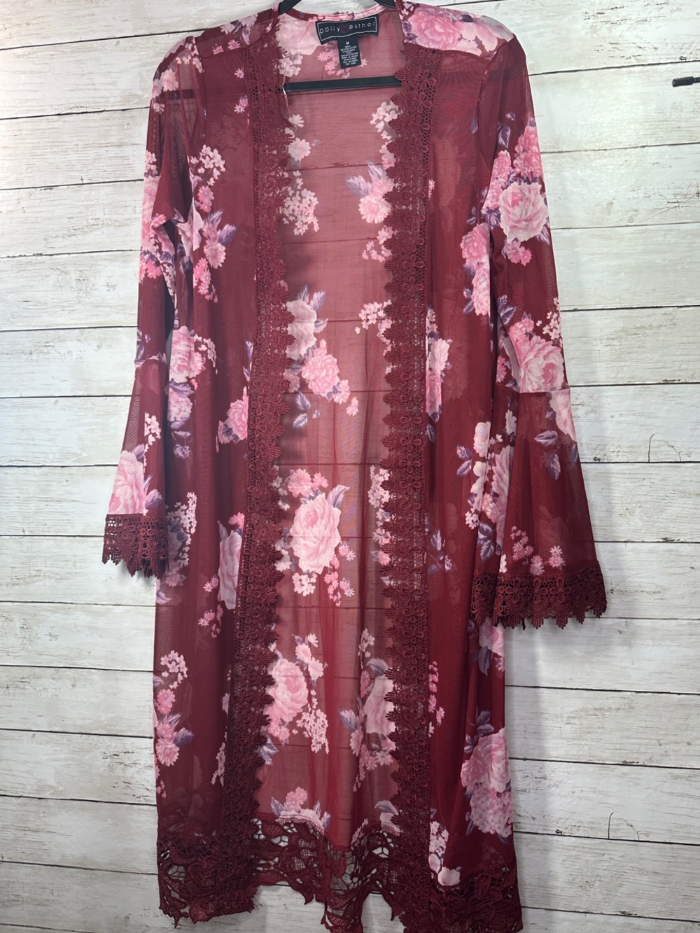 Poly & Esther Burgundy Floral Mesh Kimono Cardigan Lace Trim Size M